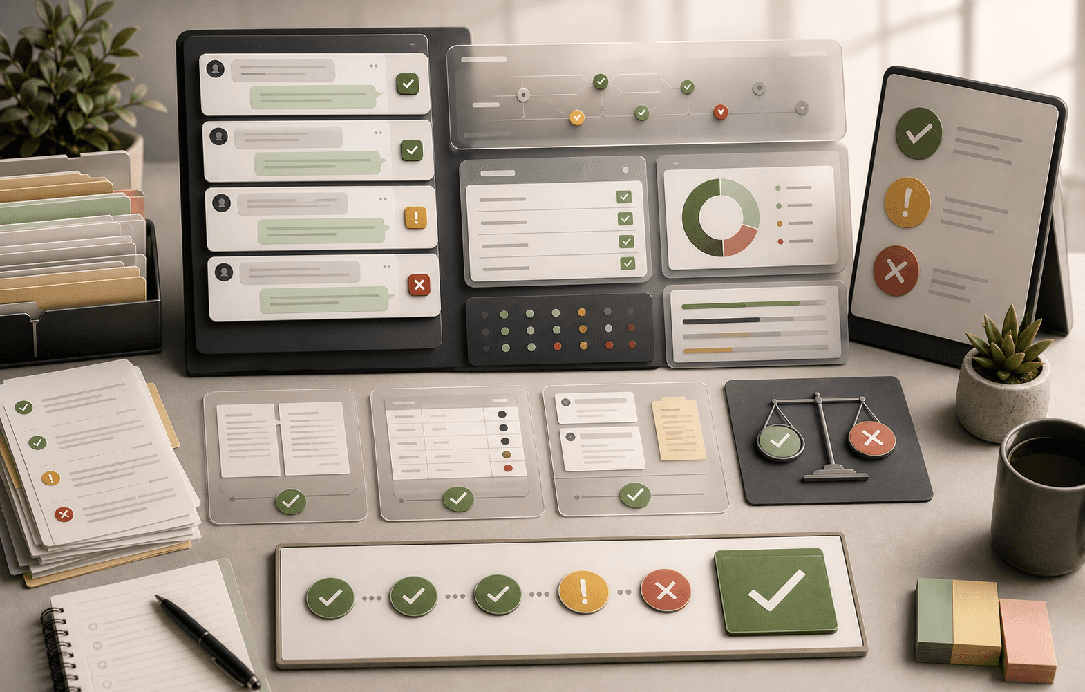 AI support agent testing workspace with historical tickets, source checks, and launch review cards