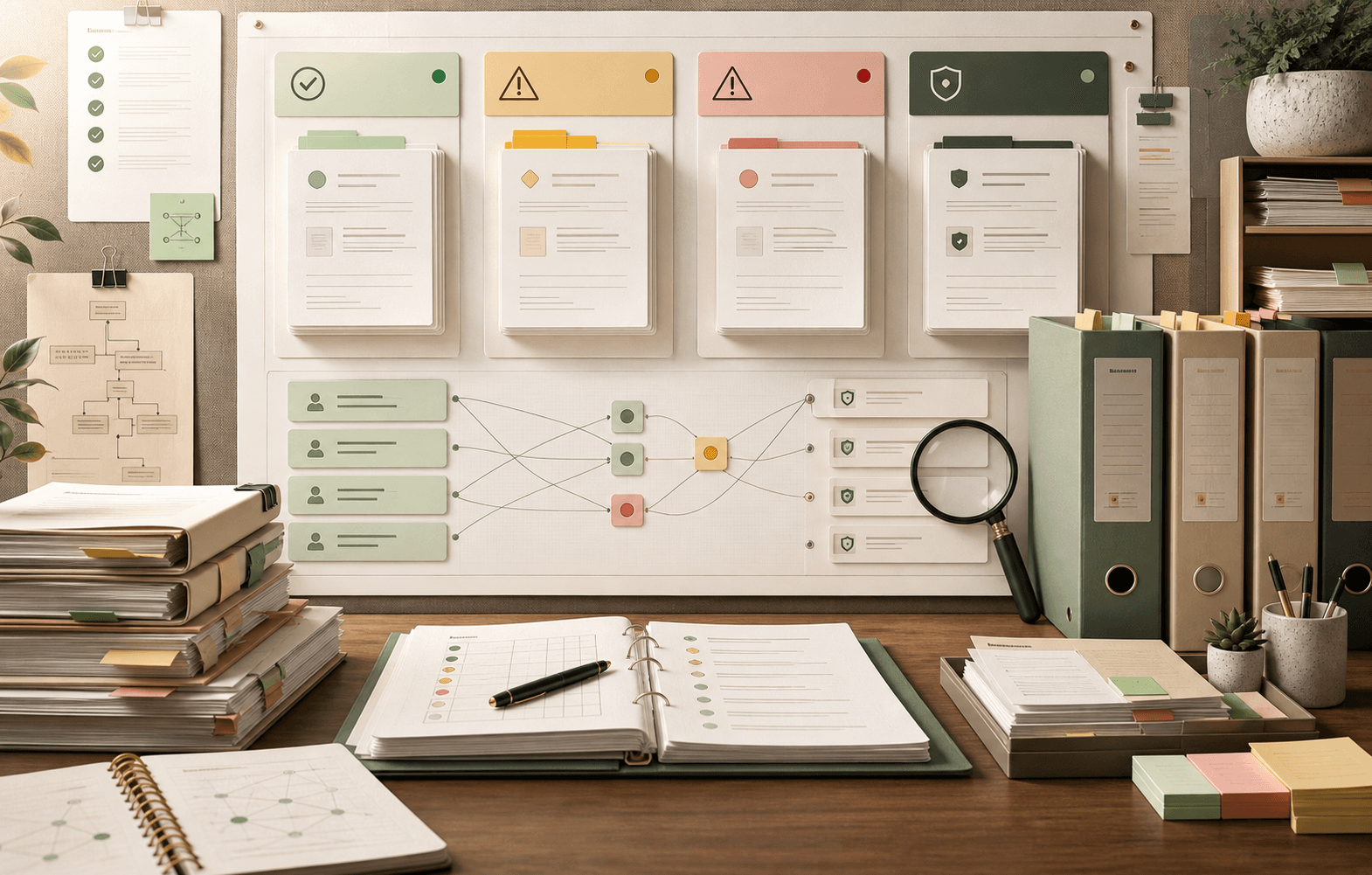 Knowledge base audit board with policy documents, stale content markers, and citation links