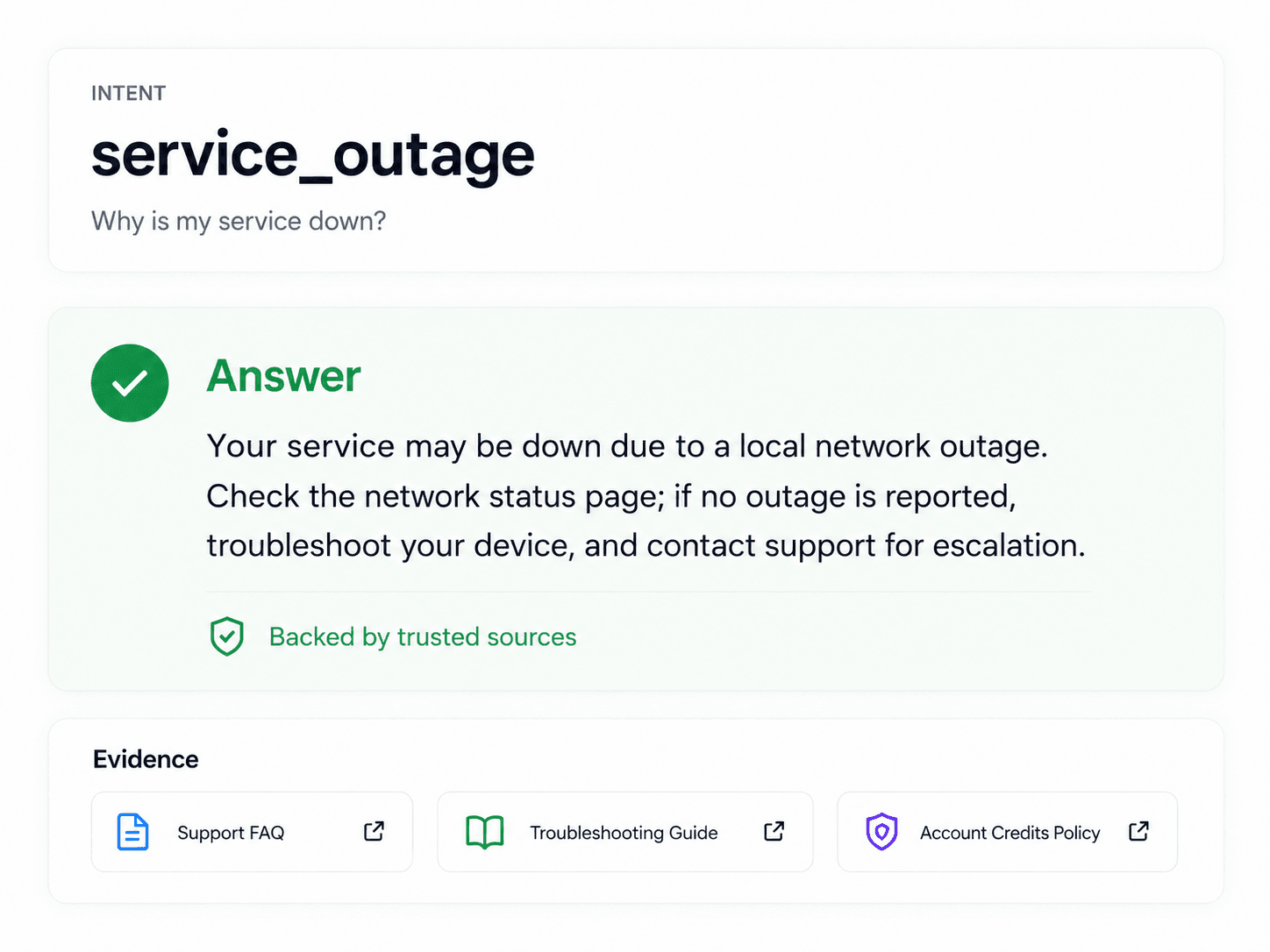 Meihaku answer screen showing an approved service outage answer with supporting evidence