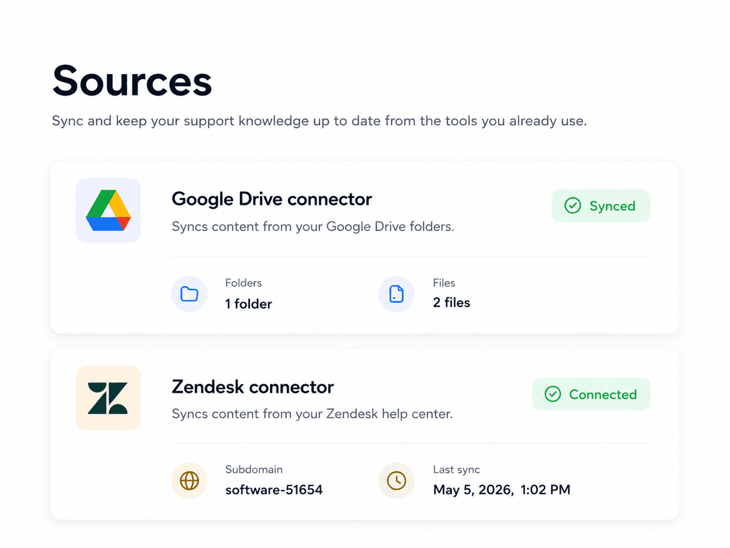 Meihaku sources screen showing connected Google Drive and Zendesk source bundles